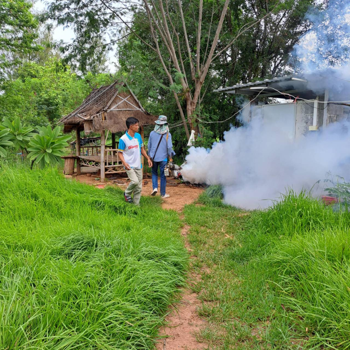อบต.หนองบัวน้อย ดำเนินการออกพ่นหมอกควันกำจัดยุงลายให้แก่บ้านผู้ป่วยไข้เลือดออกบริเวณบ้าน น.ส.กันติชา หอมสูงเนิน หมู่ที่ 10 ตำบลหนองบัวน้อย