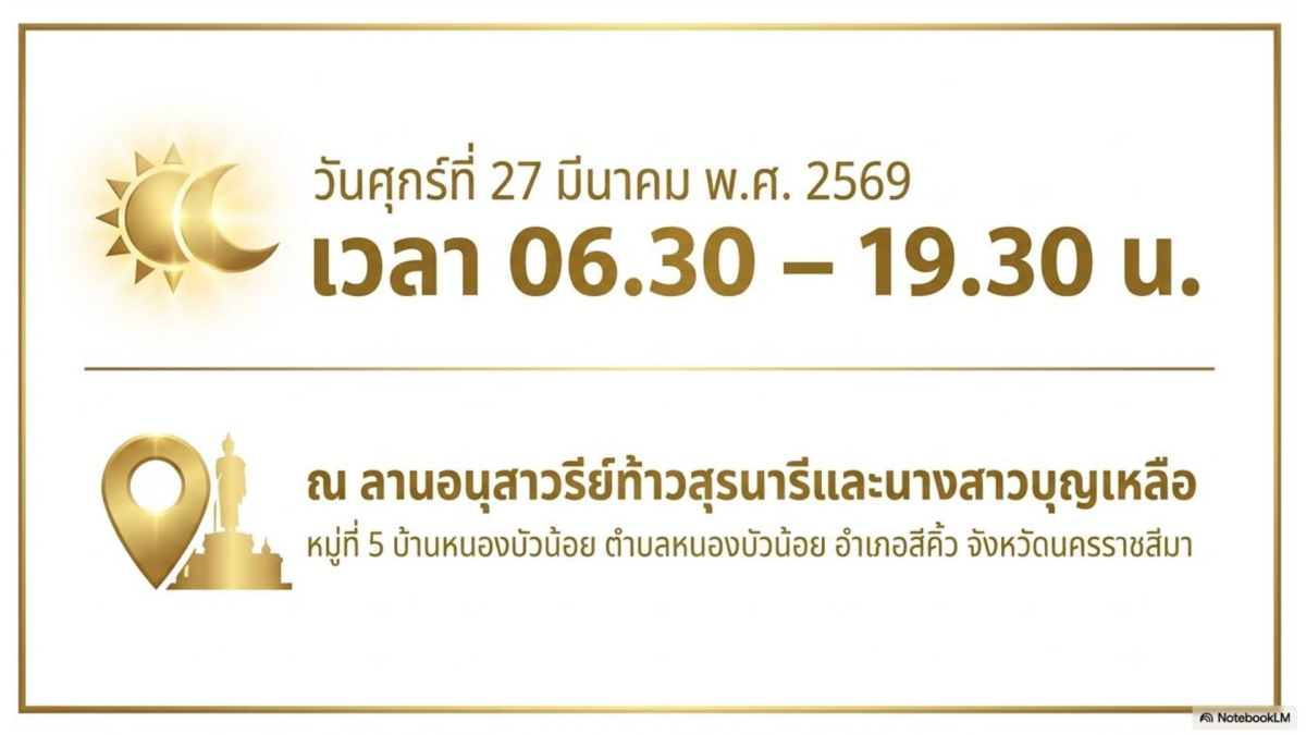 องค์การบริหารส่วนตำบลหนองบัวน้อย เชิญชวนพี่น้องประชาชนร่วมงานฉลองวันแห่งชันะของท้าวสุรนารีและนางสาวบุญเหลือ ประจำปีงบประมาณ พ.ศ.2569 ณ ลานอนุสาวรีย์ท่านท้าวสุรนารีและนางสาวบุญเหลือ ตำบลหนองบัวน้อย อำเภอสีคิ้ว จังหวัดนครราชสีมา